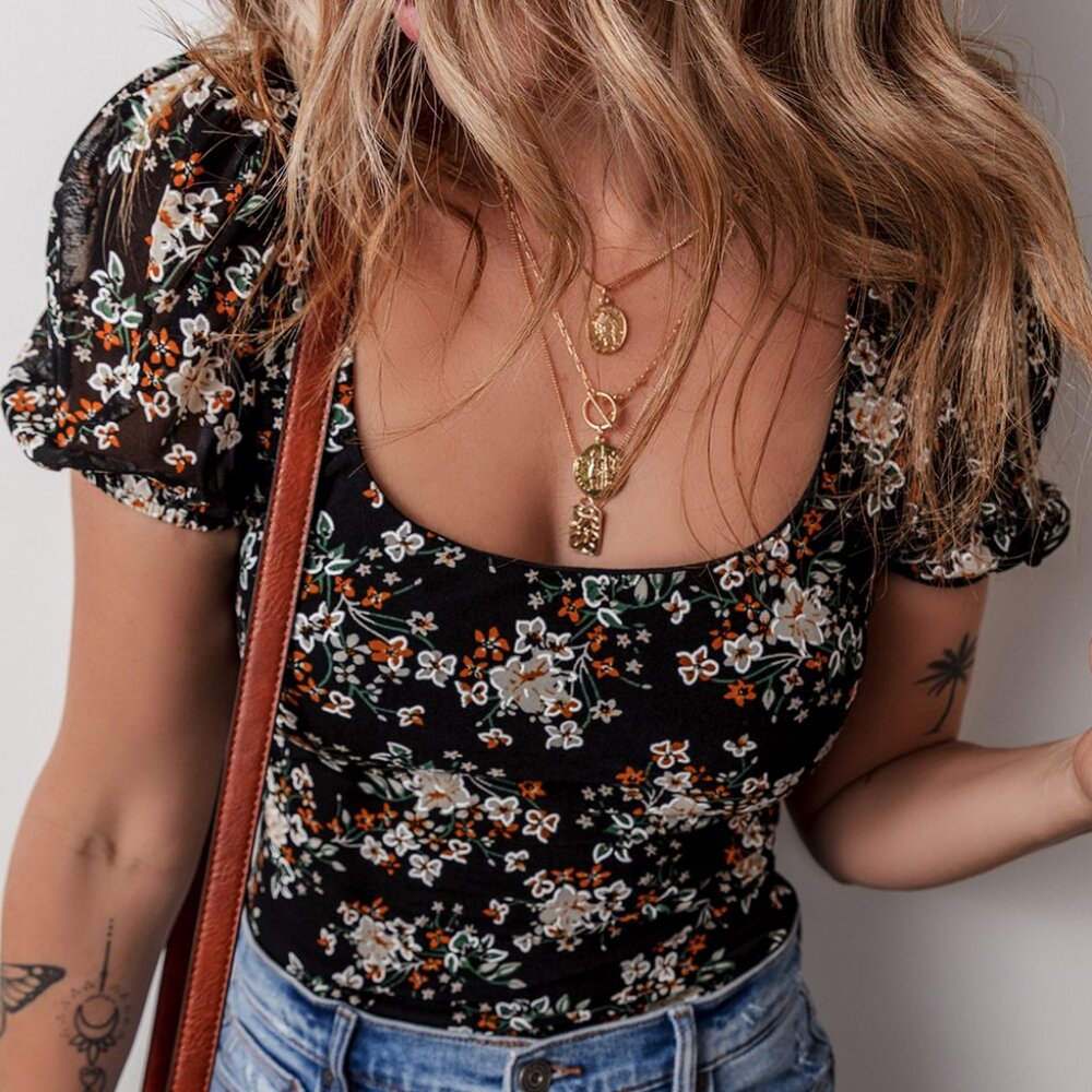 Floral Scoop Neck Puff Sleeve Bodysuit - Black